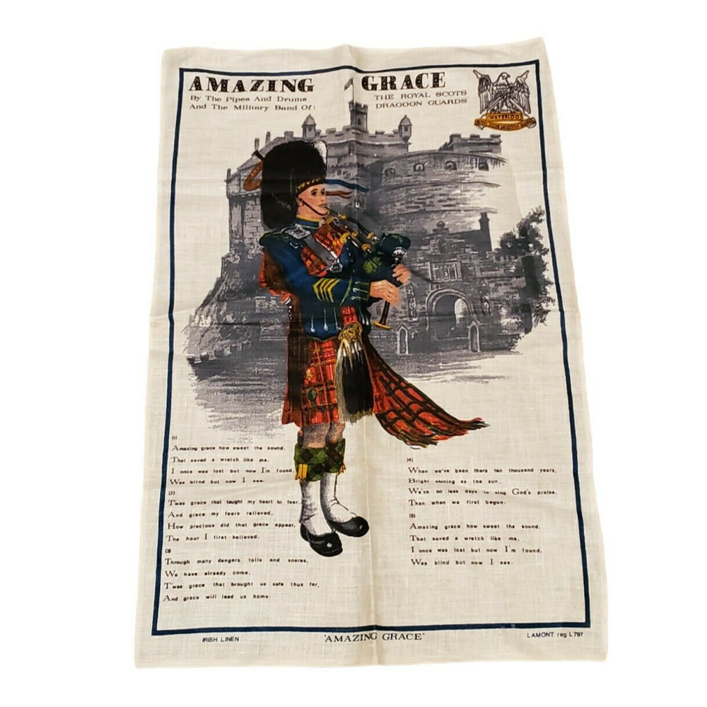 Vtg Lamont Amazing Grace Tea Towel Royal Scots Guards Bagpipe Linen Religious